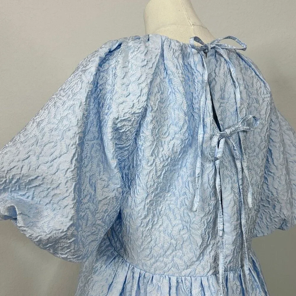 Tuckernuck Hyacinth House Julia Jacquard Puff Sleeve Babydoll Top S  Preppy Blue